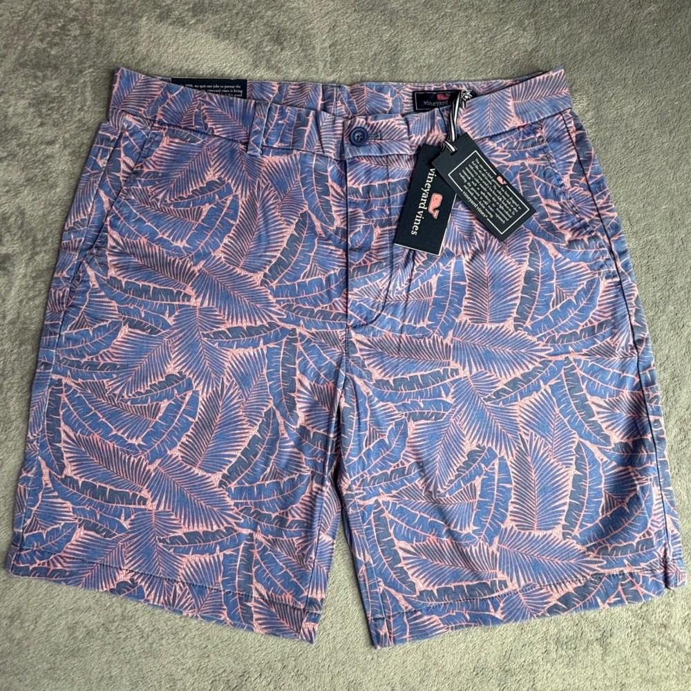 Vineyard Vines Breaker Shorts Mens 34 Pink Blue Island Beach Palms 9 Inseam